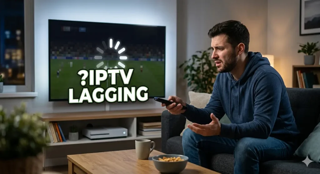 A man holding a remote looking frustrated at a TV screen showing IPTV LAGGING text and a buffering icon.