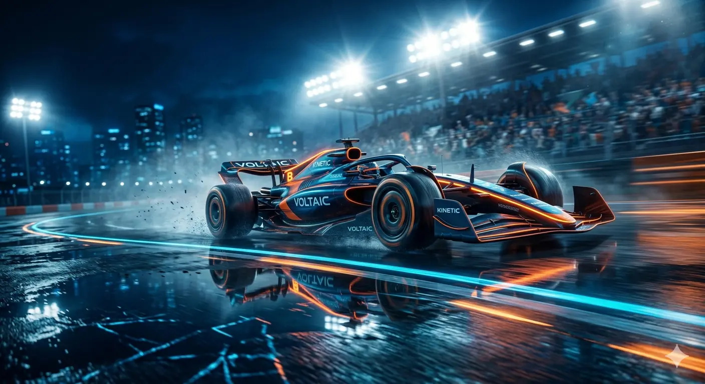 Formula Racing Car on Wet Night Track