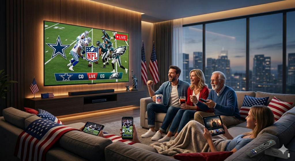 Best IPTV Service USA: American family streaming NFL live on a 4K TV screen with high-speed connection