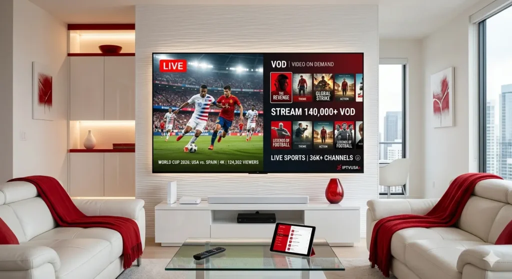 Premium IPTV interface in red and white theme showing live World Cup 2026 matches and a library of 140,000+ VOD titles.