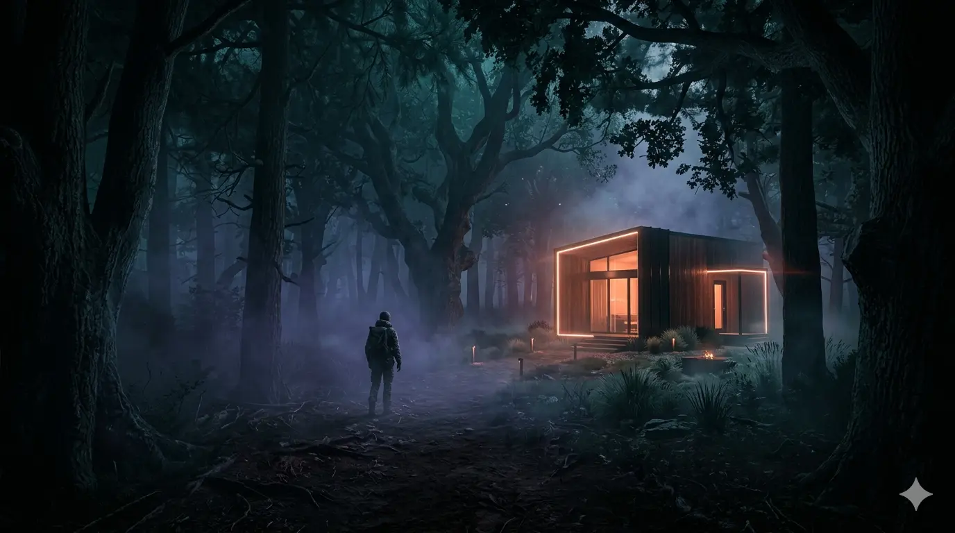 Lone Modern Structure in Dark Misty Forest
