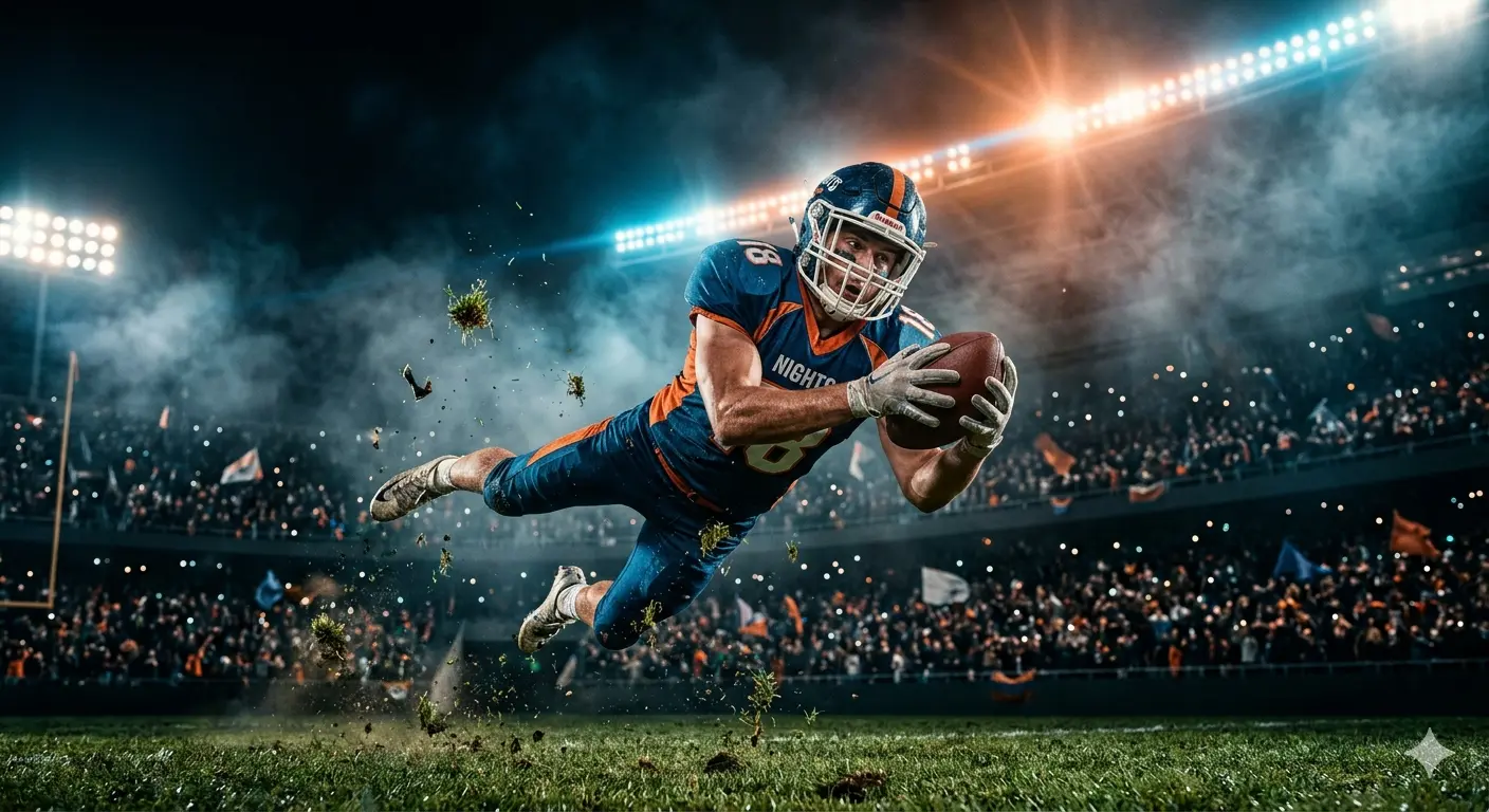 Mid Air Football Catch in Stadium