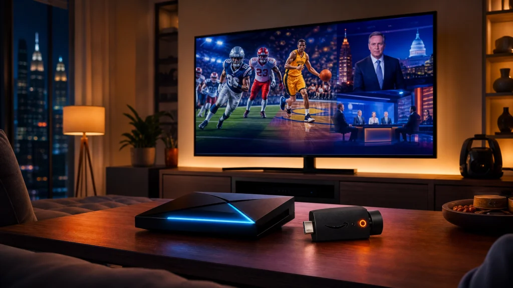 Cinematic view of a modern American living room with a 4K TV streaming live NFL sports and news, representing the best IPTV USA service for 2026.