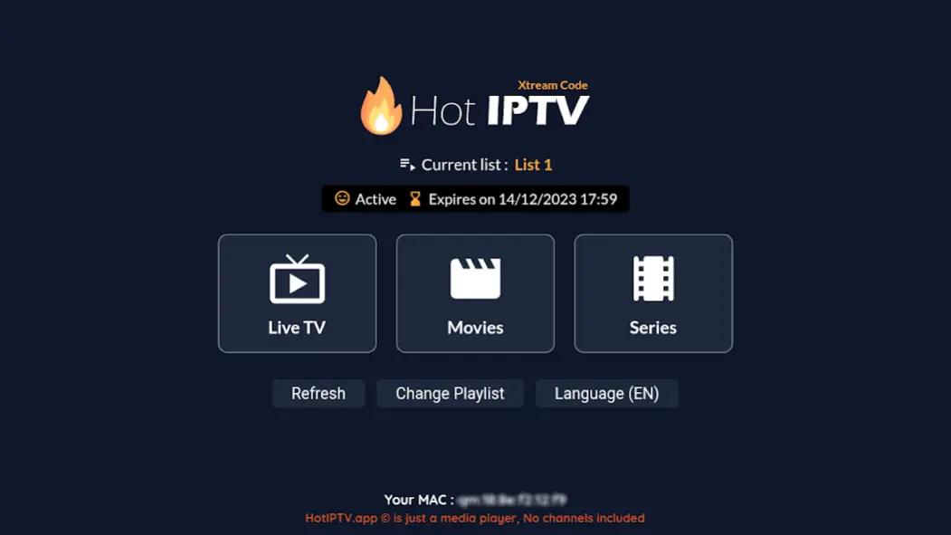 Hot Player app-interface met een Netflix-stijl lay-out met filmposters en categorieën.