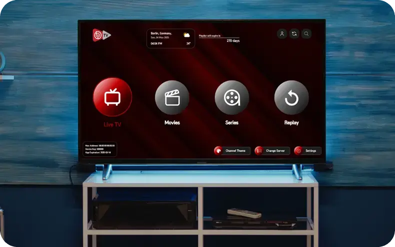 Het hoofddashboard van IBO Player met Live TV, Films en Series categorieën.
